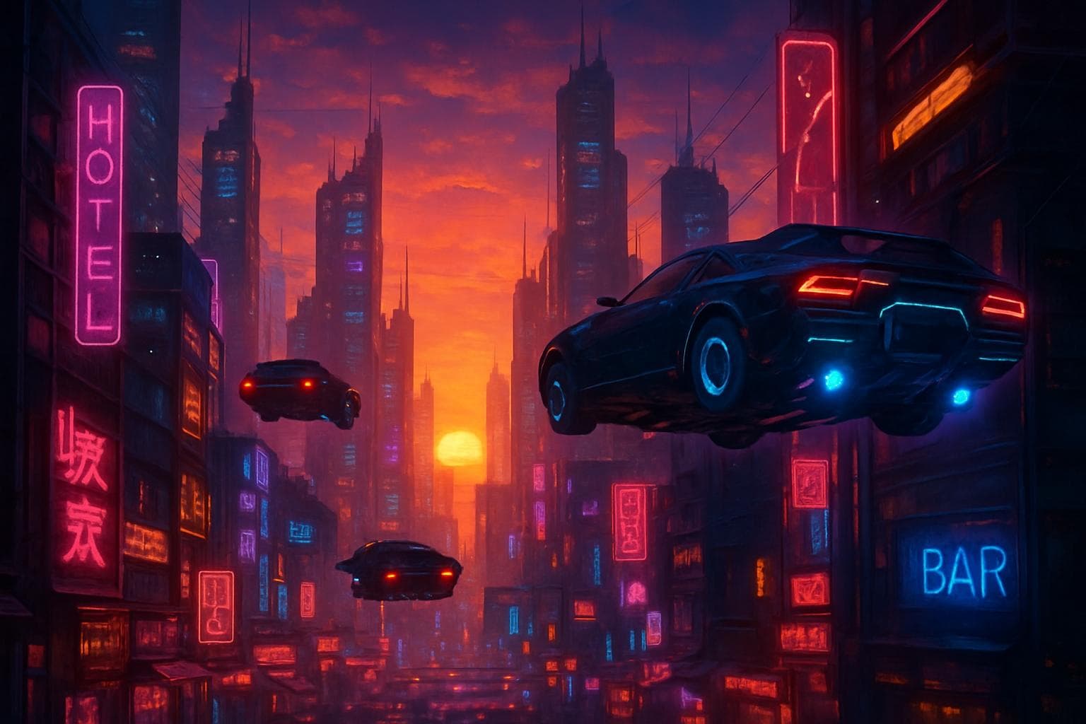 Một bức ảnh sáng tạo được tạo bằng DALL-E 3 với ánh sáng neon và phong cách cyberpunk.